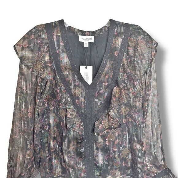 Allison NY Mason Mayes Jules Ruffle Laced Metallic Blouse Paisley Blooms Size XS - Picture 5 of 11
